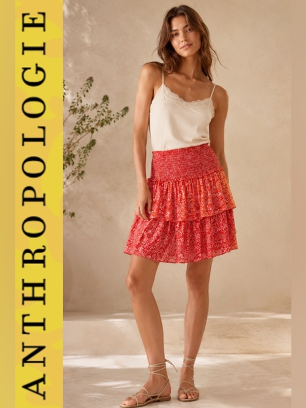 By Anthropologie Red Floral Smocked Tiered Ruffle Mini Skirt Sz Medium